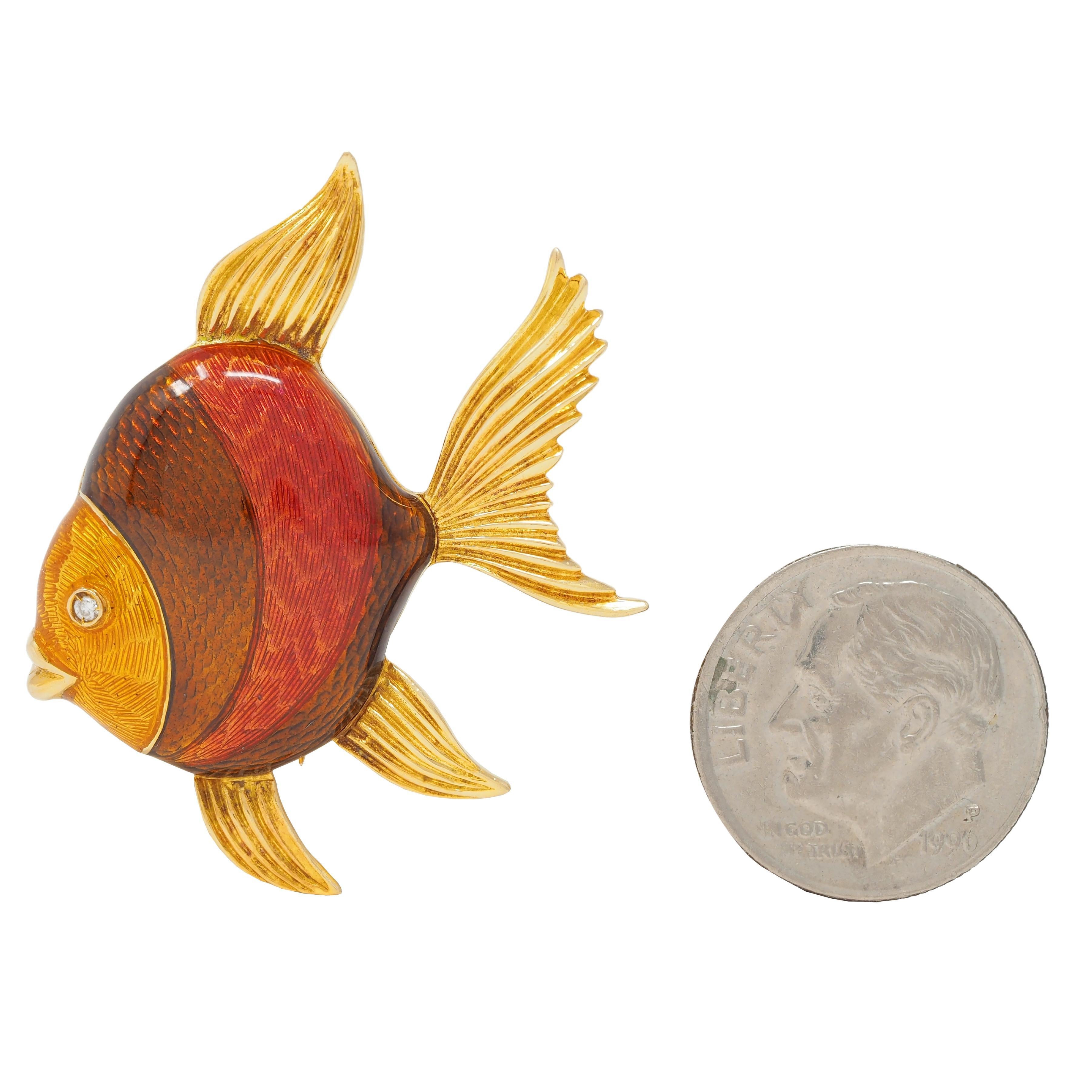 1970's Diamond Guilloche Enamel 18 Karat Yellow Gold Vintage Fish Brooch 1