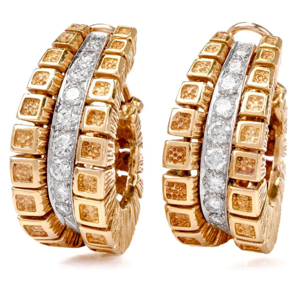 These beautiful vintage 1970's diamond earrings are crafted in solid 18K yellow gold, showcasing an exquisite chic design, embellished with 20 genuine Round cut Dazzling Diamonds approx: 1.85cttw, G-H color, VS1 clarity, pave set on 18K white gold.