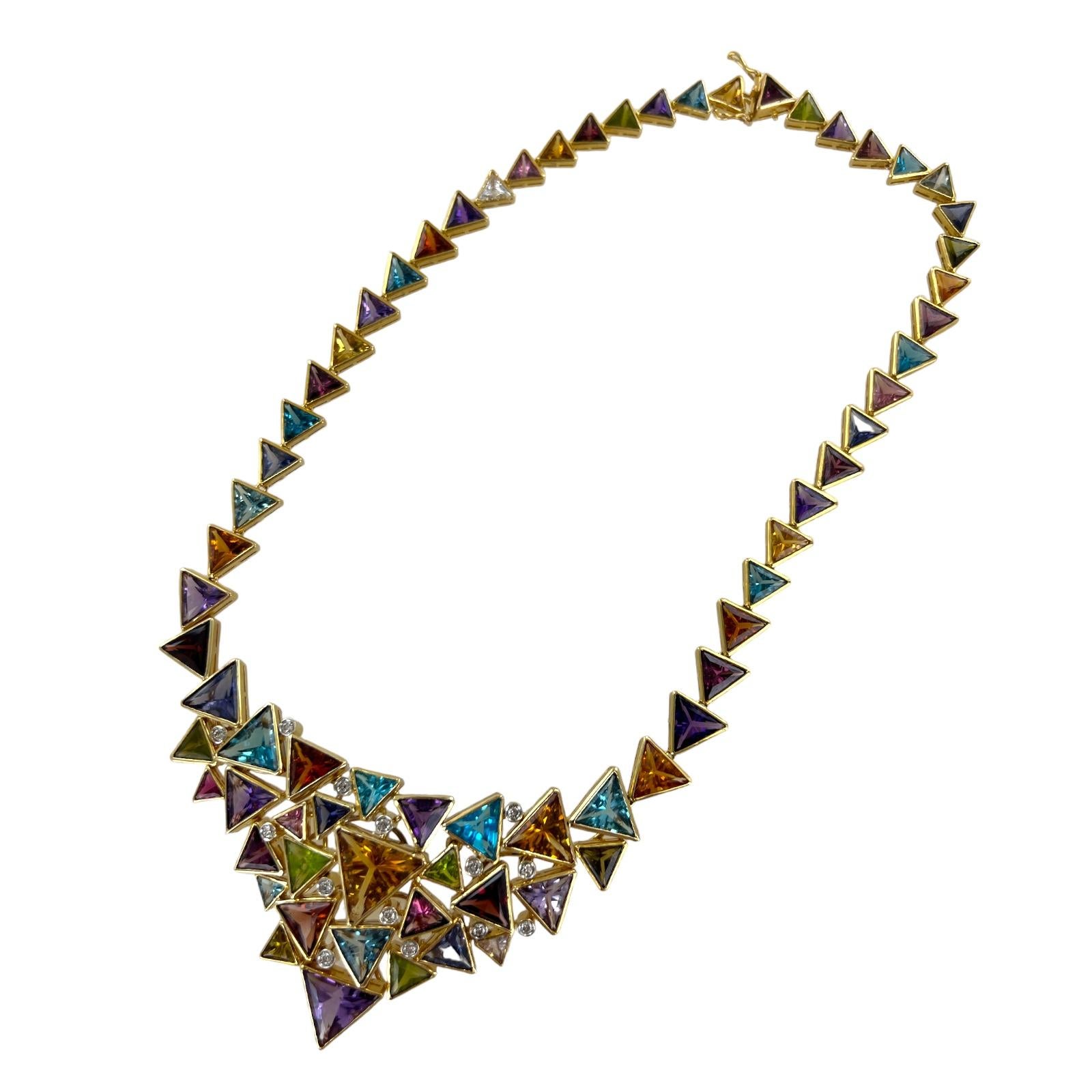 Contemporary 1970's Diamond Multi-Color Gemstone 18 Karat Yellow Gold Bib Vintage Necklace