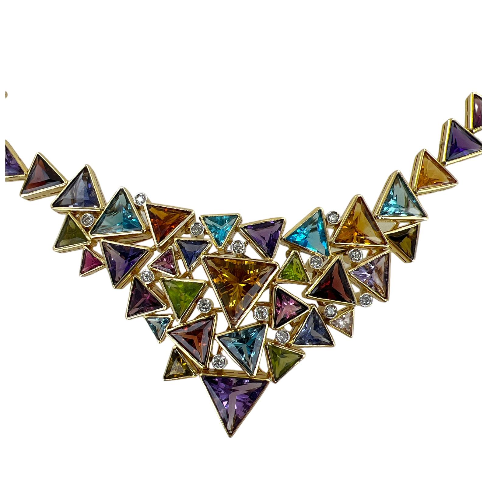 Round Cut 1970's Diamond Multi-Color Gemstone 18 Karat Yellow Gold Bib Vintage Necklace