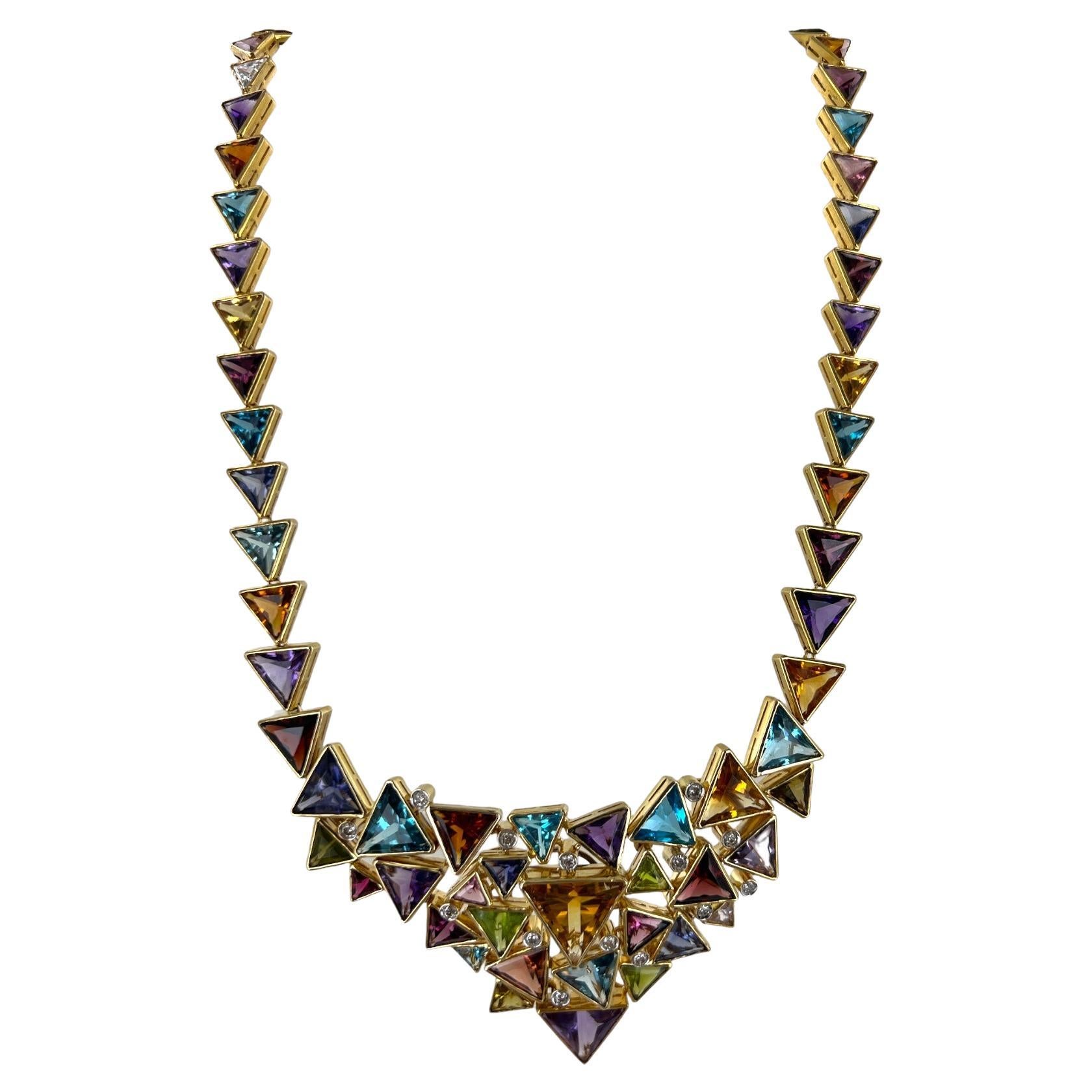 1970's Diamond Multi-Color Gemstone 18 Karat Yellow Gold Bib Vintage Necklace