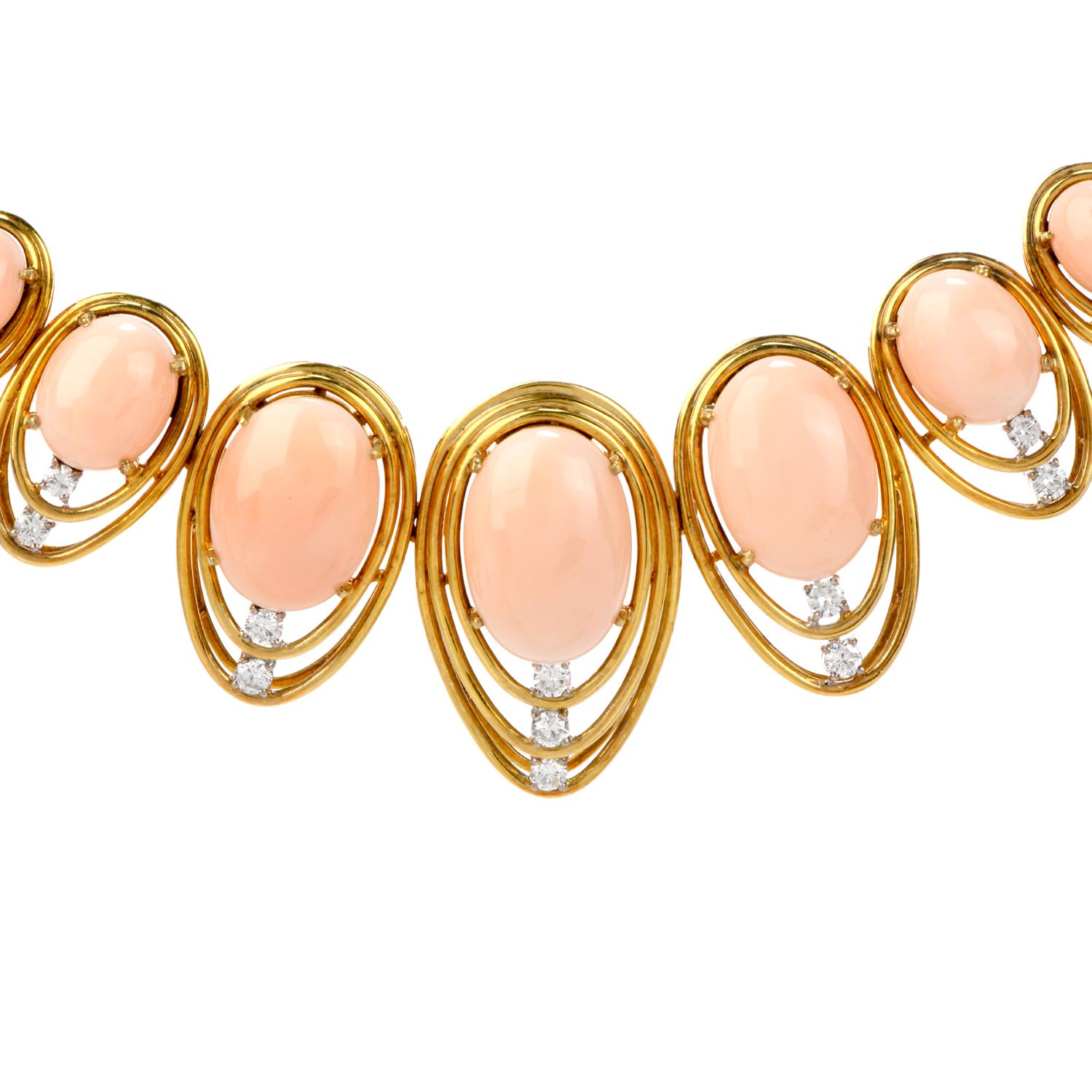 Retro 1970s Diamond Natural Pink Coral Gold Graduated Necklace