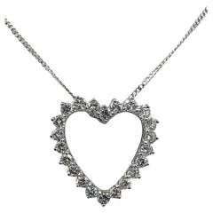 Vintage 1970s Diamond Open Heart White Gold Pendant Necklace