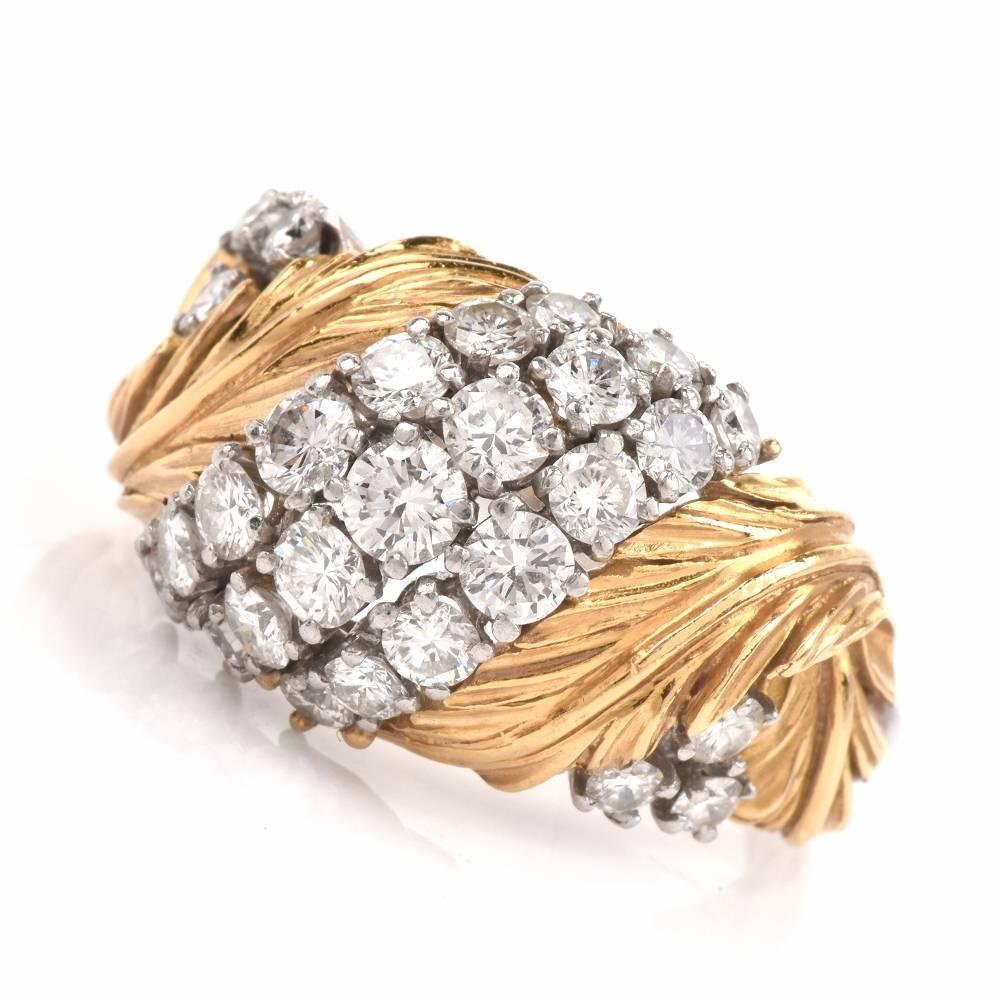 Women's 1970s Diamond Platinum Gold Leaf Design Cocktail Dome Ring