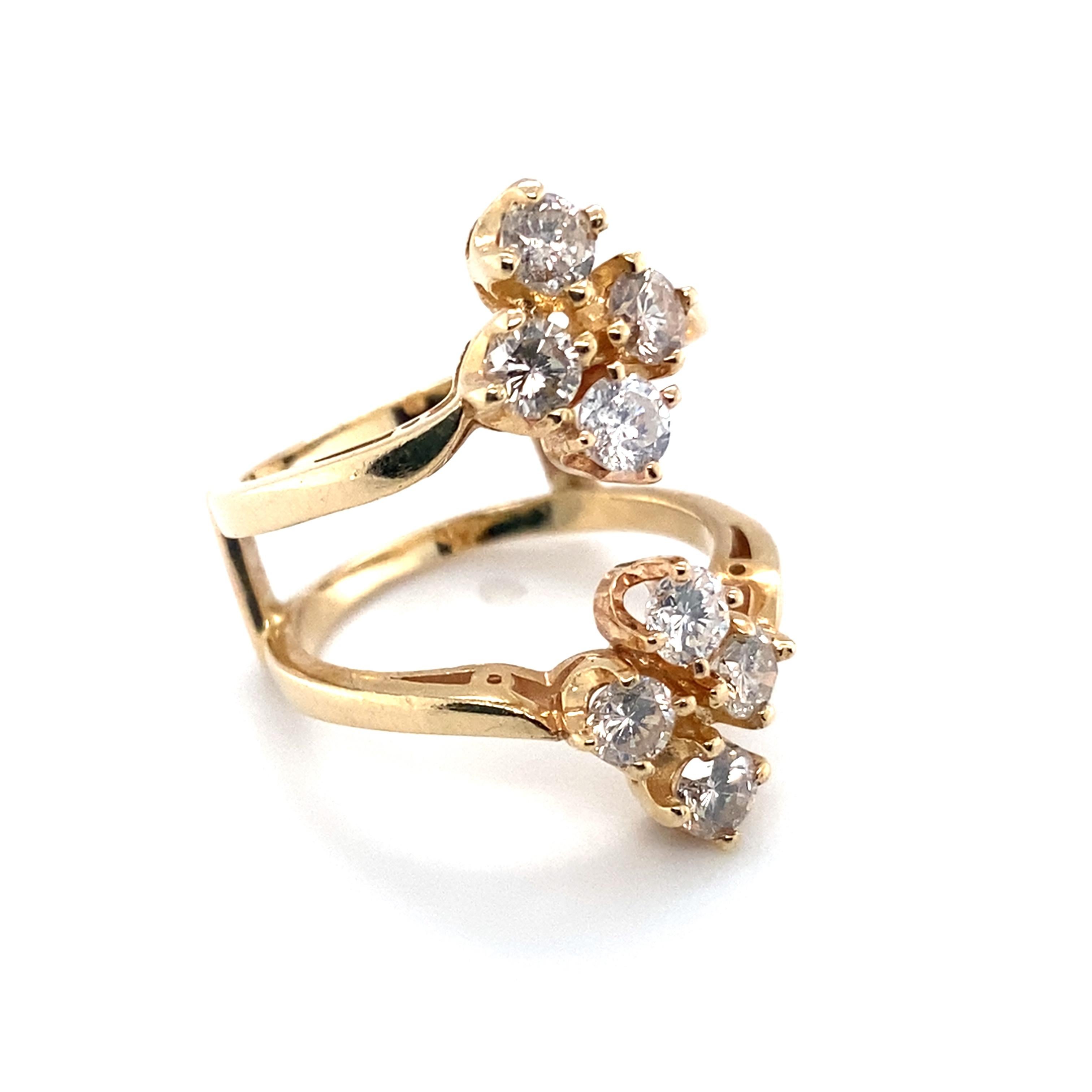 Item Details: 
Metal: 14 Karat Yellow Gold 
Weight: 5.9 grams
Size: 5, can be resizable 

Diamond Details: 
Total: Contains 8 diamonds 
Carat: 1 carat total weight 

Item Features: 
This beautiful 1 carat diamond ring guard contains a total of 8
