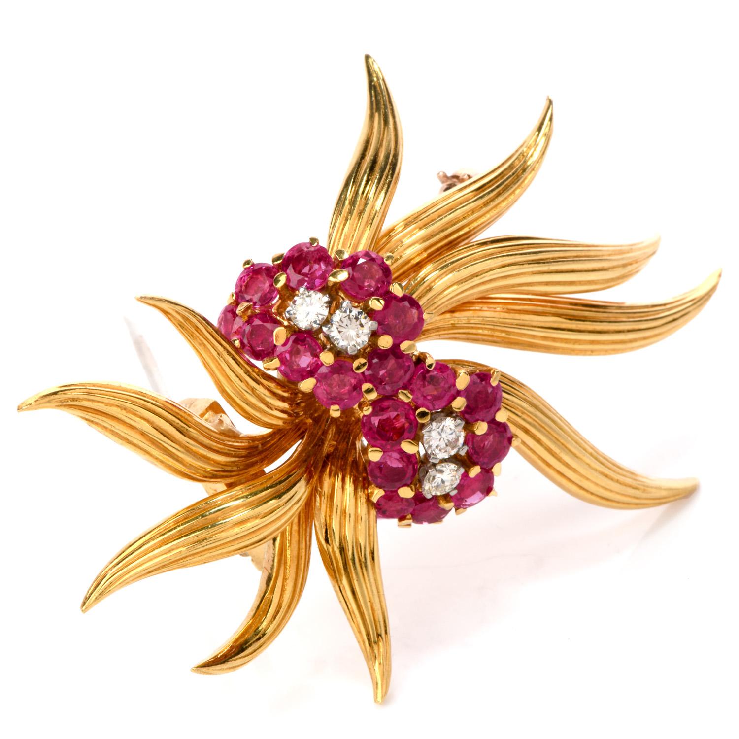 Dress your blouse, blazer or purse with this magnificent Vintage 1970's Diamond Ruby 18K Gold Flower Pin Brooch!  This bursting brooch has 18 vivid genuine transparent rubies and four genuine diamonds

 They form two flower clusters surrounded by 18