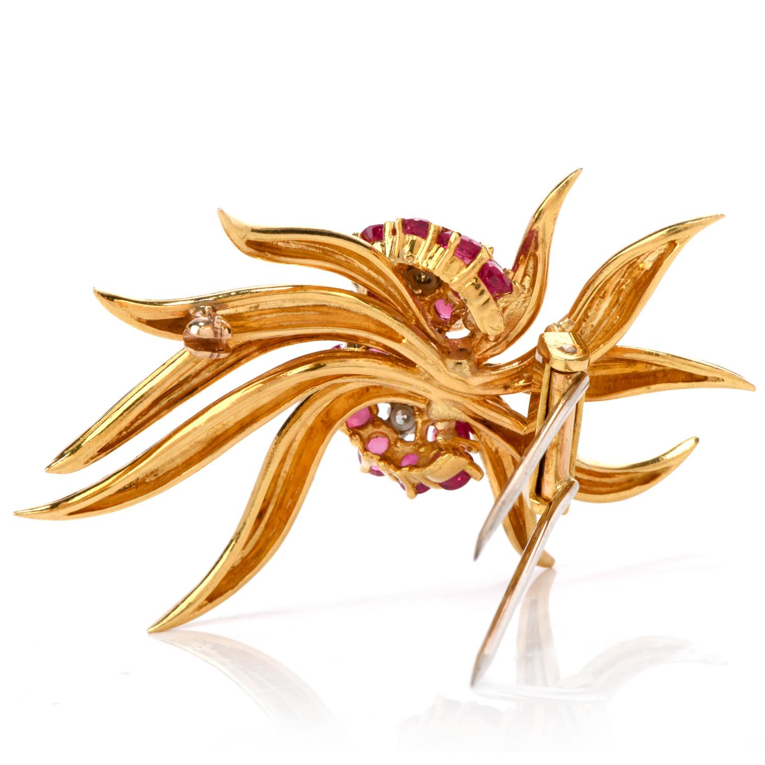 Romantic 1970s Diamond Ruby 18 Karat Gold Flower Pin Brooch