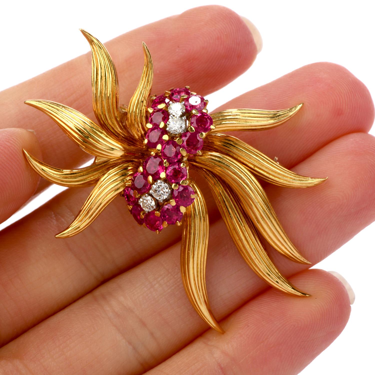 Round Cut 1970s Diamond Ruby 18 Karat Gold Flower Pin Brooch