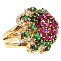 Vintage 1970s Diamond Ruby and Emerald Dome Ring
