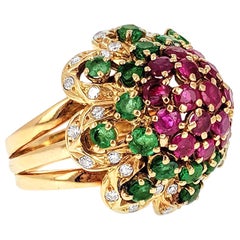 Vintage 1970s Diamond Ruby and Emerald Dome Ring