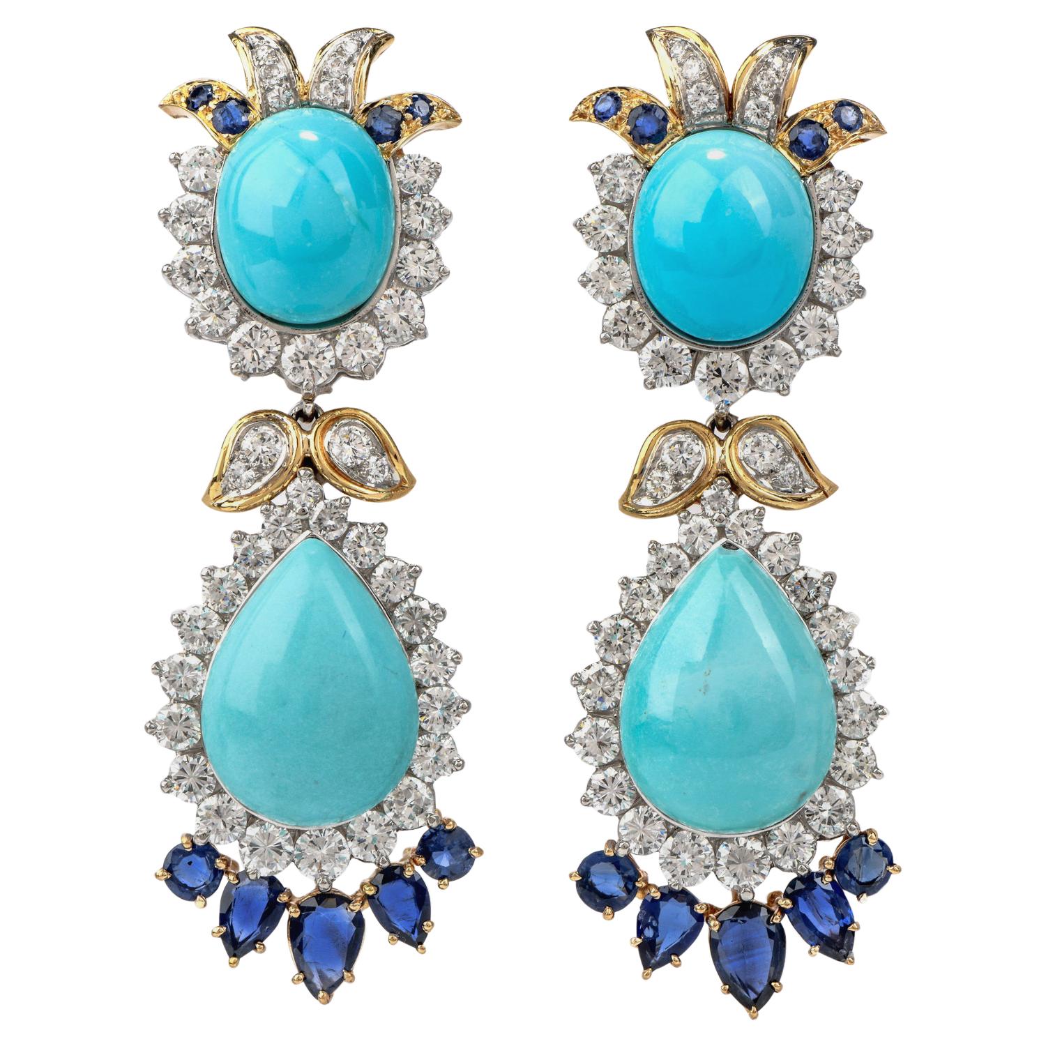 1970s Diamond Sapphire and Turquoise 18 Karat Gold Drop Dangle Earrings
