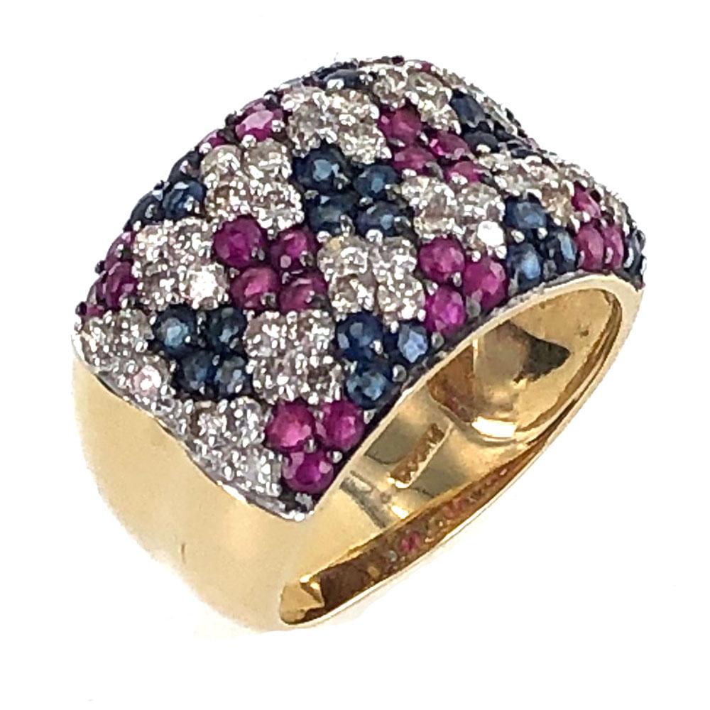 Round Cut 1970s Diamond Sapphire Ruby Wide Yellow Gold Band Ring