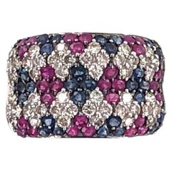 Vintage 1970s Diamond Sapphire Ruby Wide Yellow Gold Band Ring