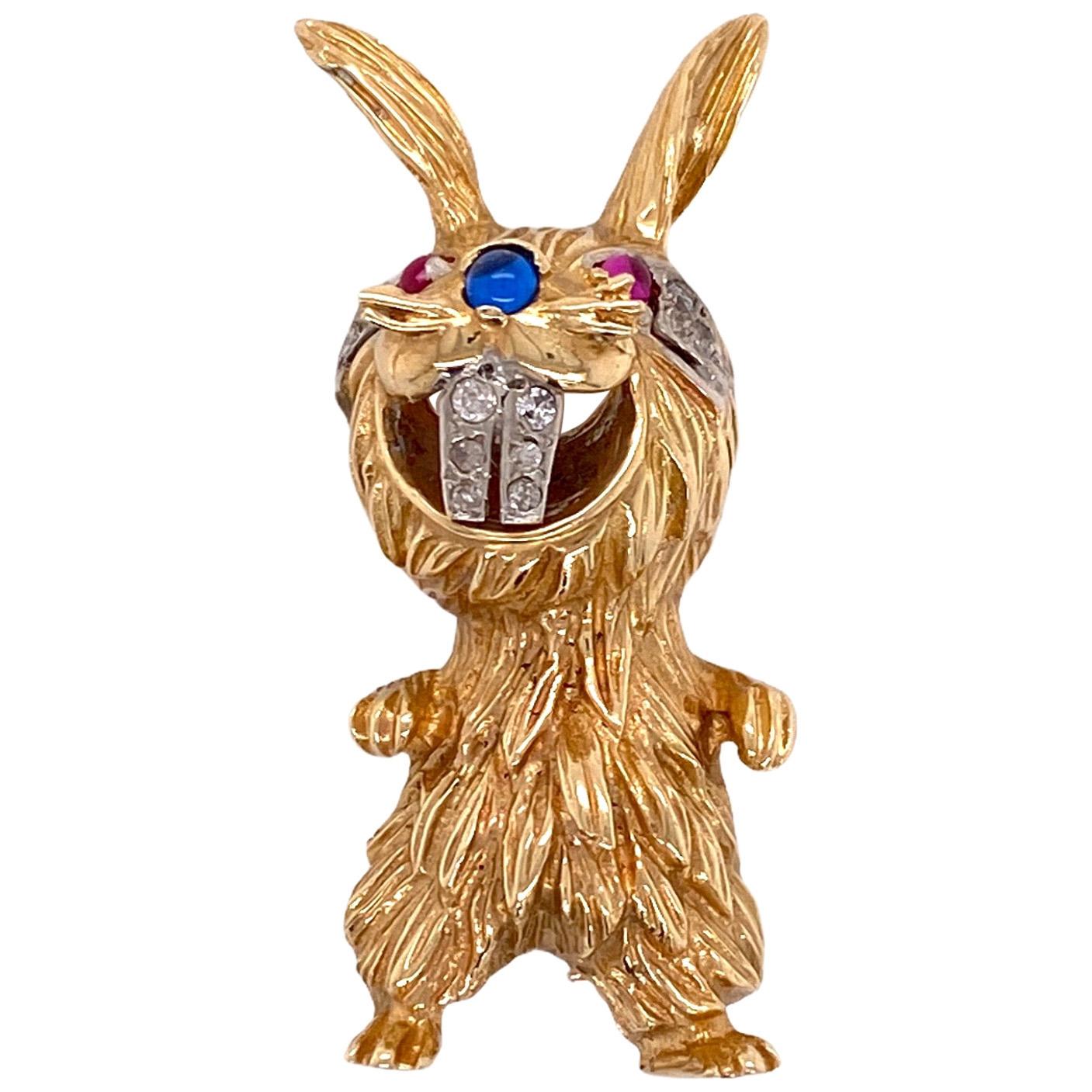 1970s Diamond Sapphire Ruby Yellow Gold Rabbit Pin Brooch