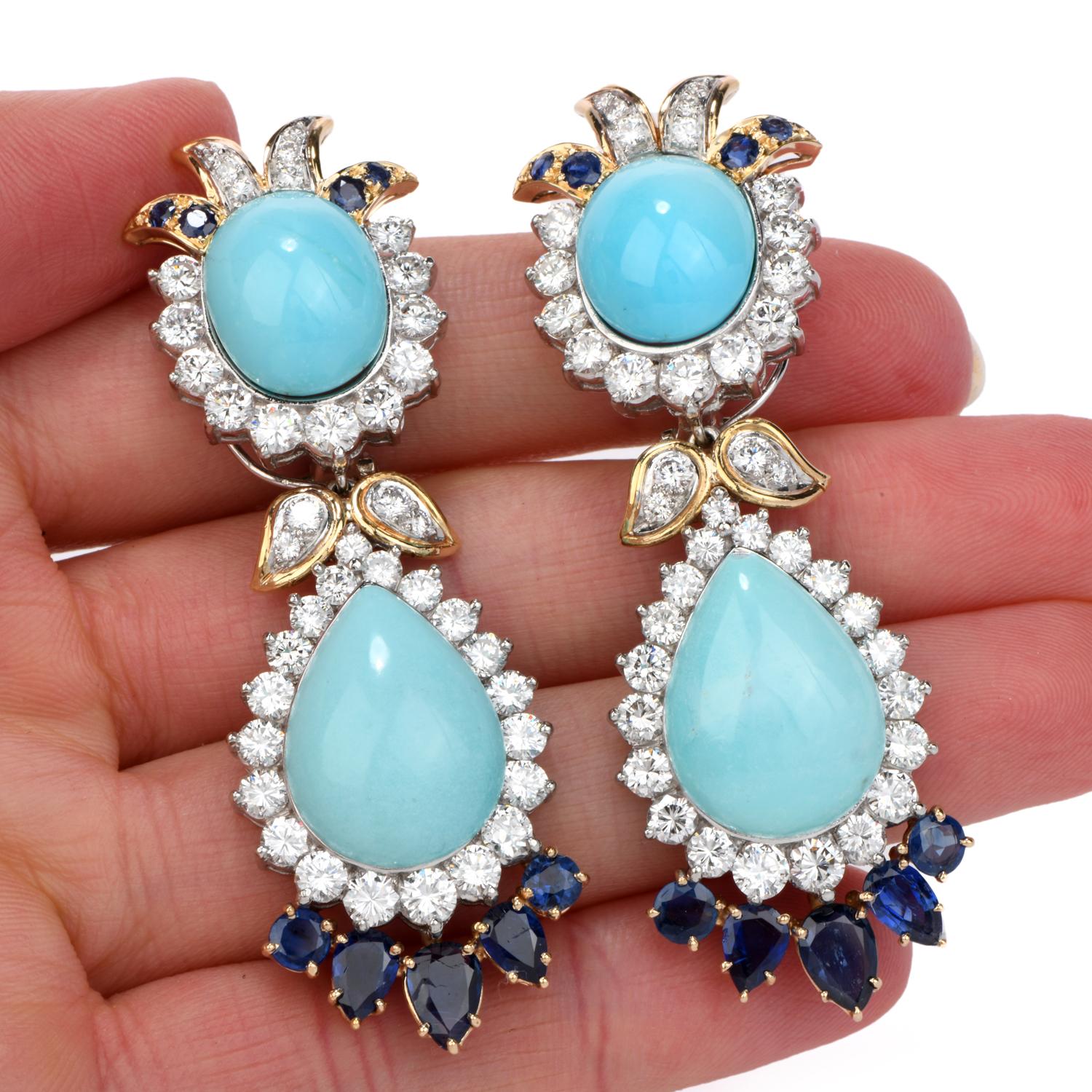 Modern 1970s Diamond Sapphire and Turquoise 18 Karat Gold Drop Dangle Earrings