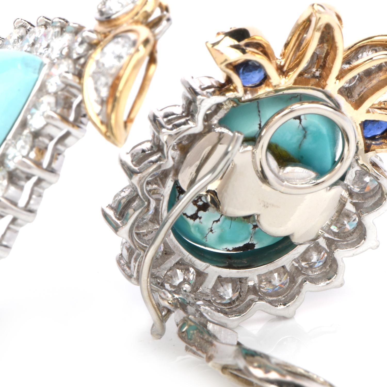 Cabochon 1970s Diamond Sapphire and Turquoise 18 Karat Gold Drop Dangle Earrings