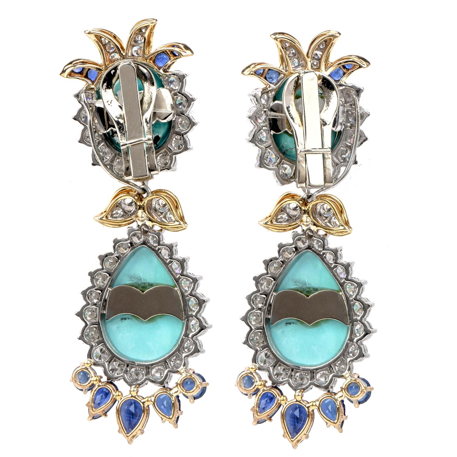 1970s Diamond Sapphire and Turquoise 18 Karat Gold Drop Dangle Earrings In Excellent Condition In Miami, FL