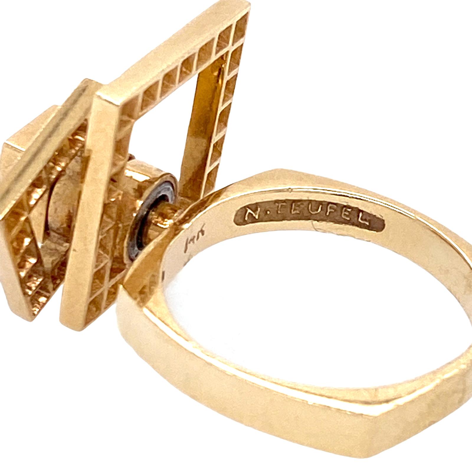 Contemporary 1970s Diamond Spinner Ring 14 Karat Yellow Gold Signed Tuefel