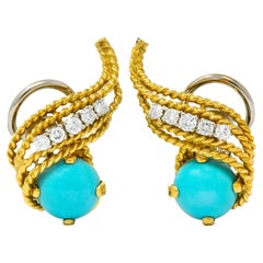 1970s Diamond Turquoise 18 Karat Gold Ear-Clip Earrings