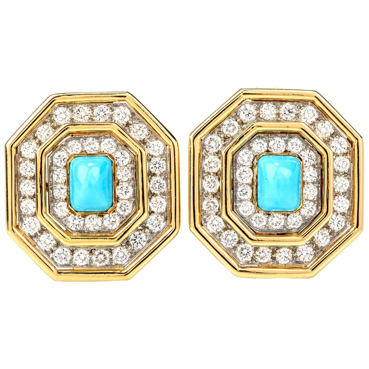 1970s Diamond Turquoise 18 Karat Gold Octagon Halo Clip-On Earrings