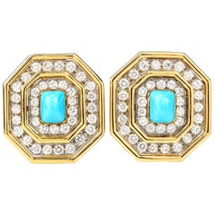 1970s Diamond Turquoise 18 Karat Gold Octagon Halo Clip-On Earrings