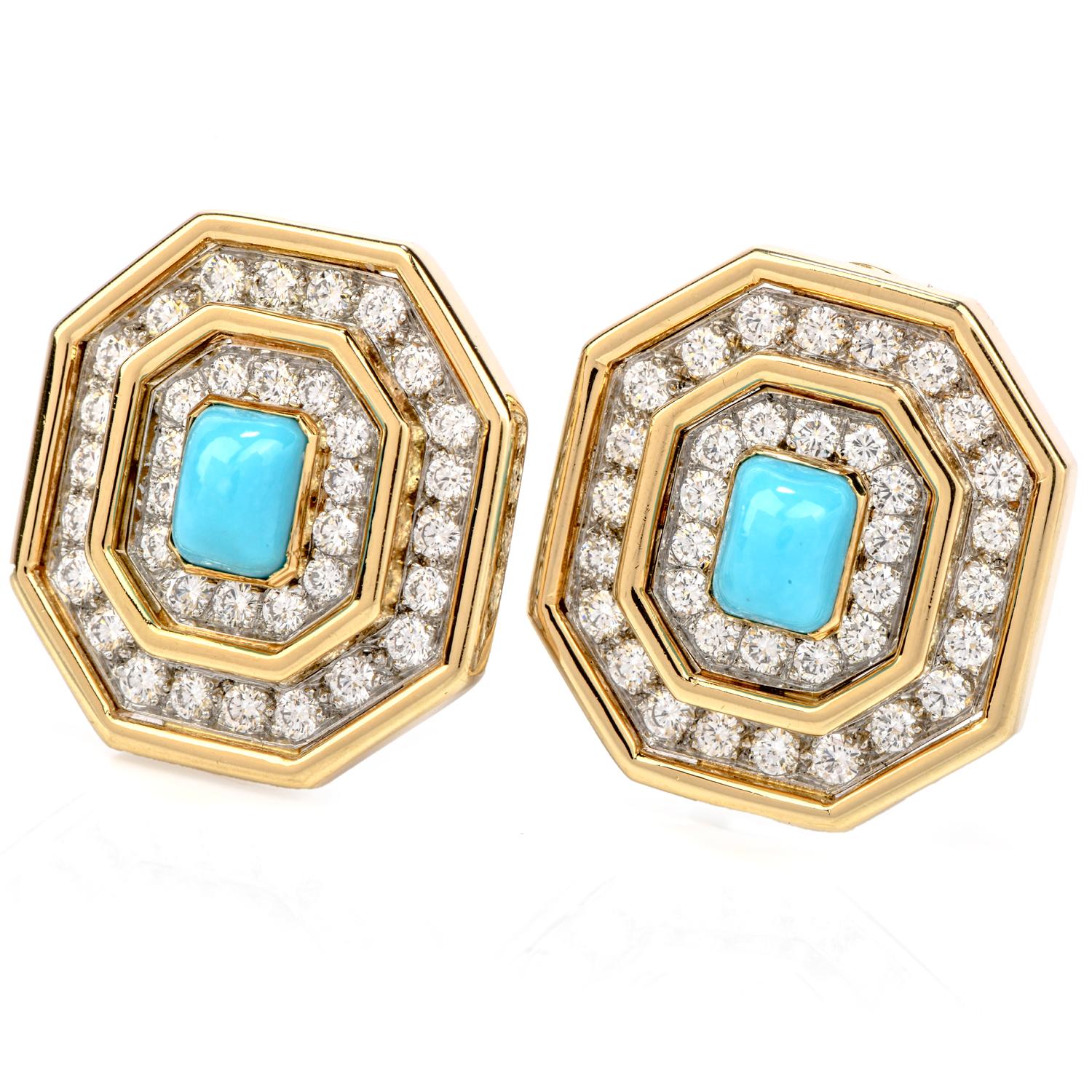 Choose these striking and dreamy vintage Diamond turquoise 18K Gold Octagon Halo Clip-On Earrings!  This 1970s chic earrings are crafted in 18 karat yellow and white gold.

Centered with a genuine turquoise of cushion cabochon shape, bezel set. 