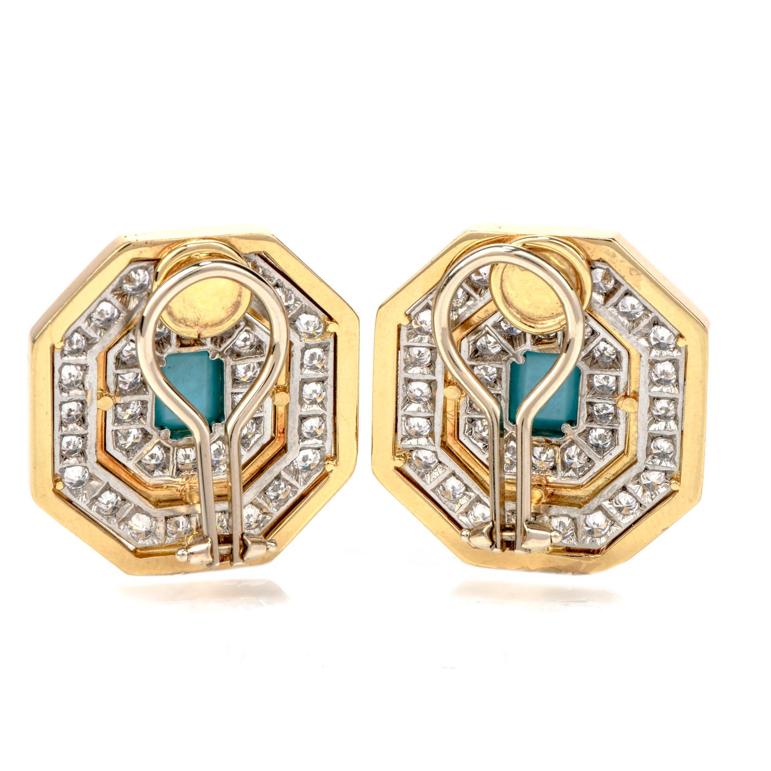 Modern 1970s Diamond Turquoise 18 Karat Gold Octagon Halo Clip-On Earrings