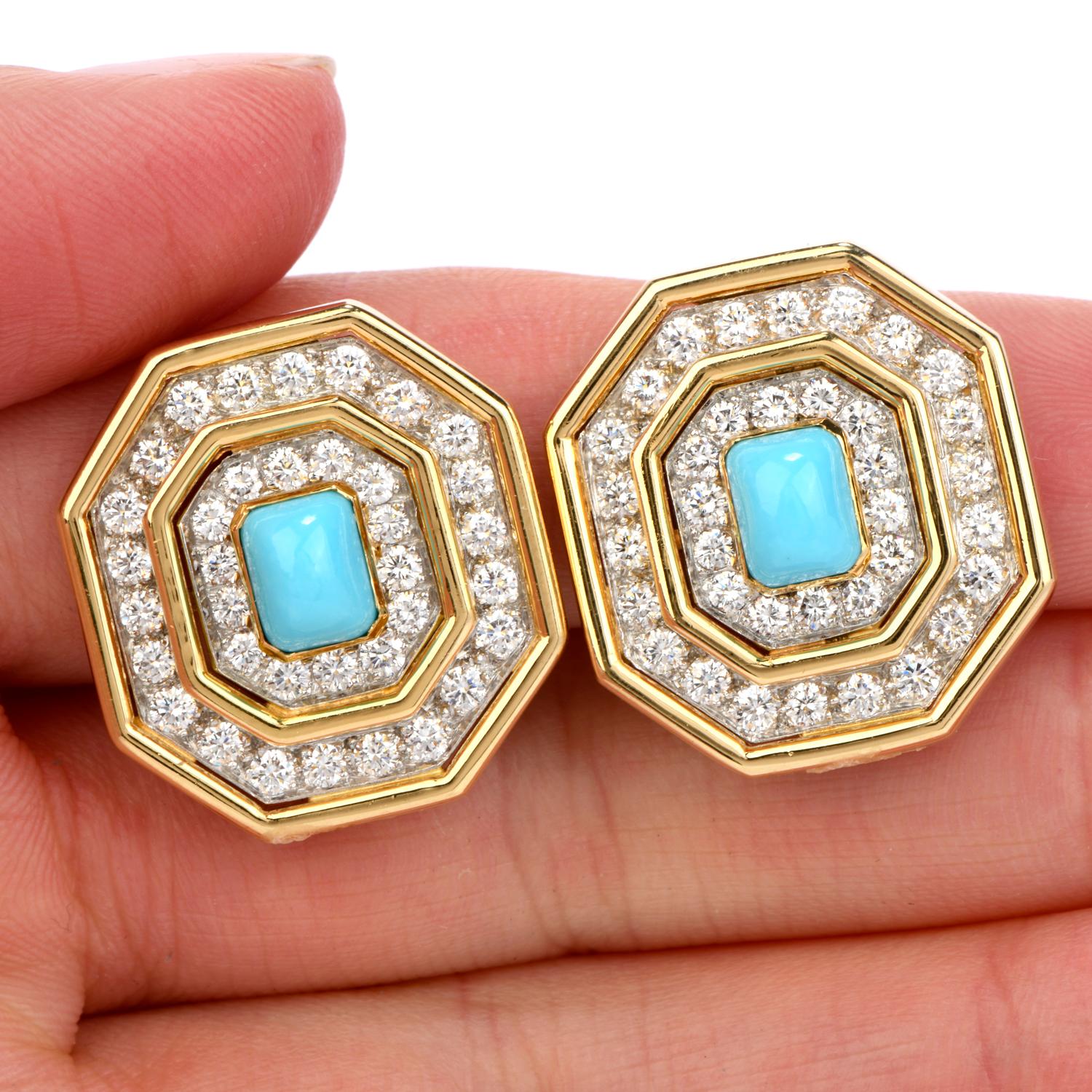 Round Cut 1970s Diamond Turquoise 18 Karat Gold Octagon Halo Clip-On Earrings
