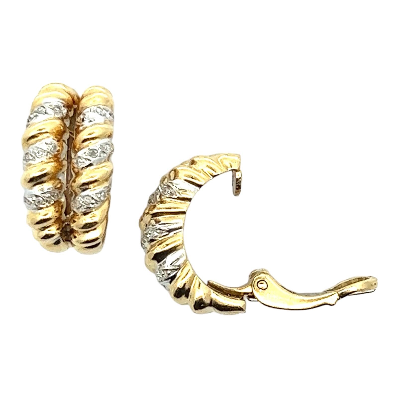 Modern 1970s Diamond Two Row 18 Karat Yellow Gold Spiral Earclip Estate Earrings
