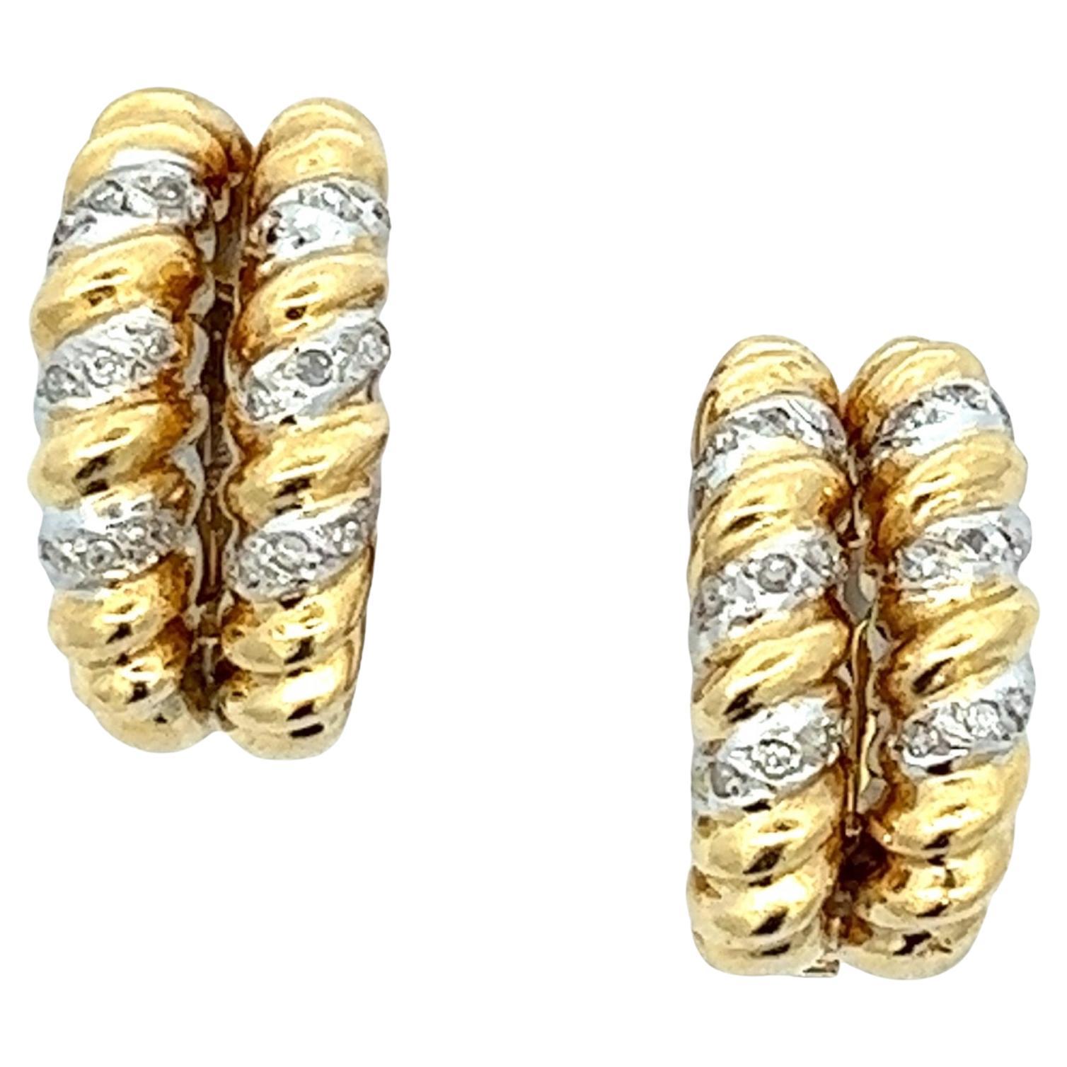 1970s Diamond Two Row 18 Karat Yellow Gold Spiral Earclip Estate Earrings