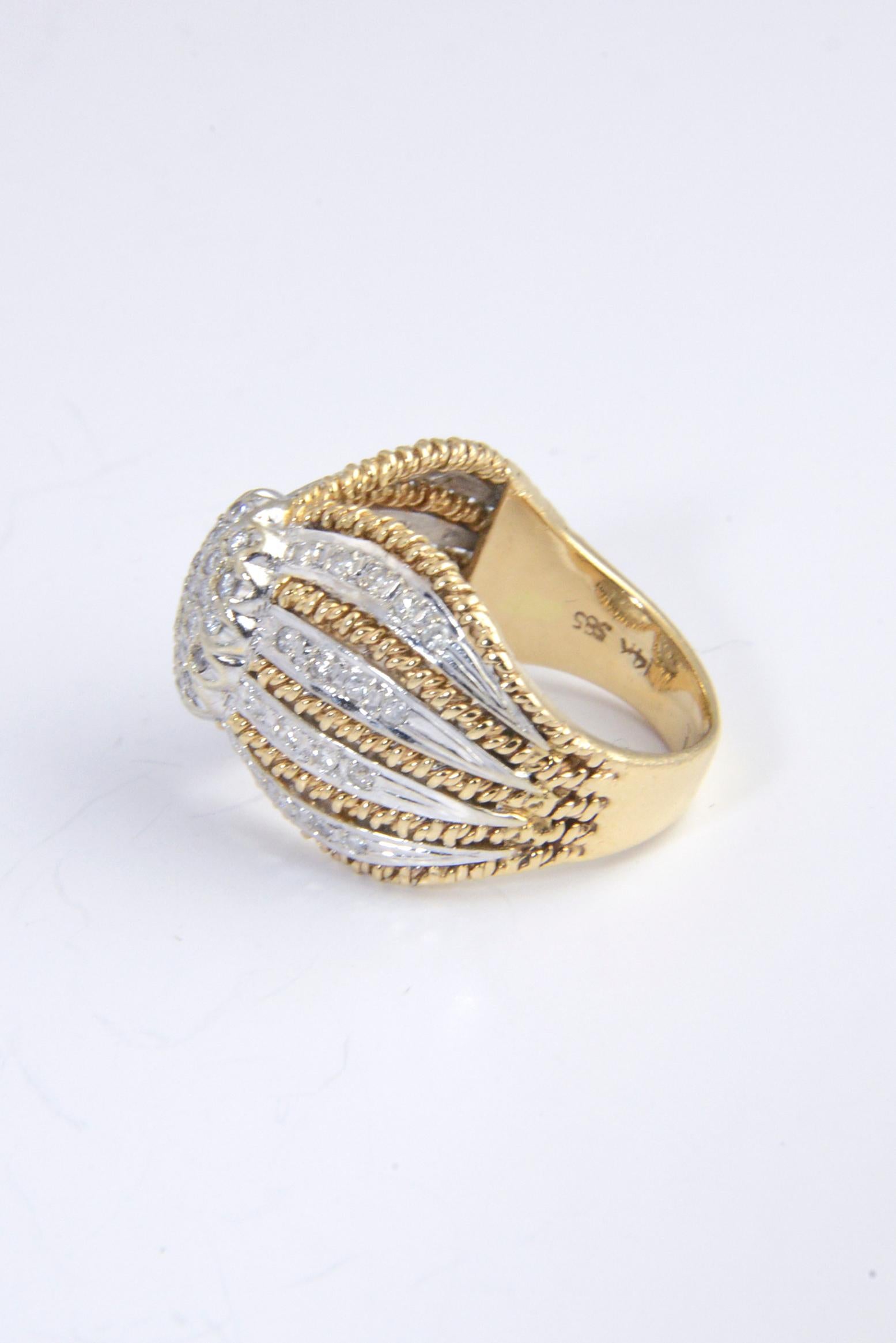 Round Cut 1970s Diamond White and Twisted Yellow Gold Dome Ring For Sale