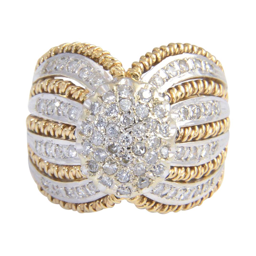 1970s Diamond White and Twisted Yellow Gold Dome Ring