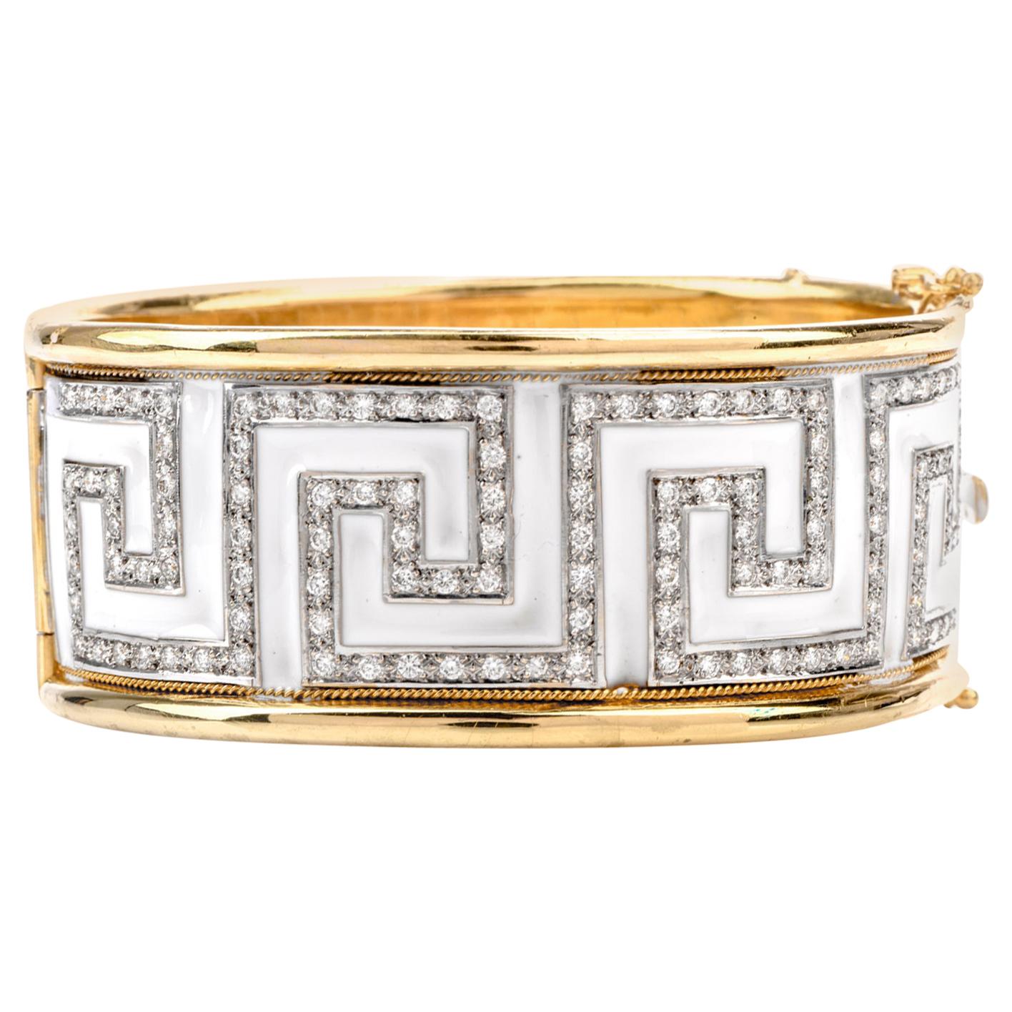 1970s Diamond White Enamel Greek Key 18 Karat Bangle Bracelet