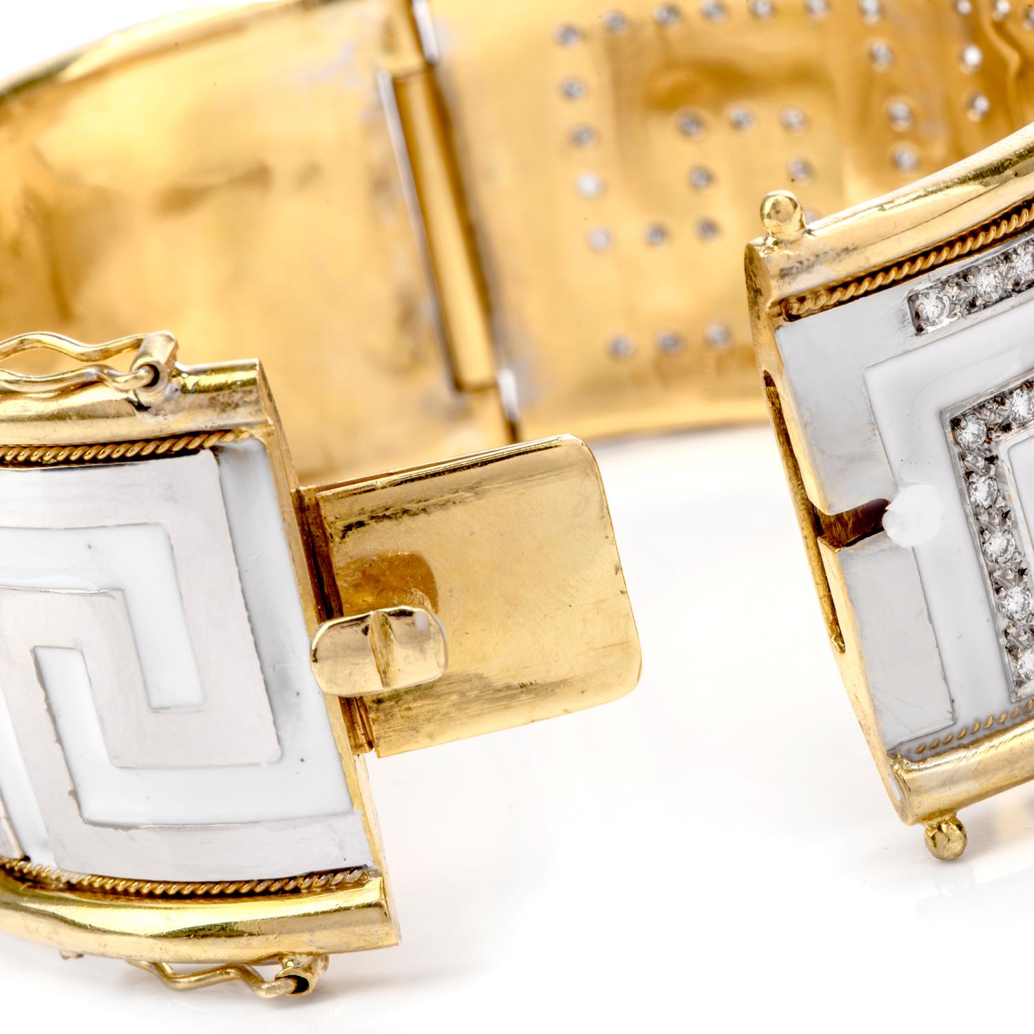 1970s Diamond White Enamel Greek Key 18 Karat Bangle Bracelet In Excellent Condition In Miami, FL