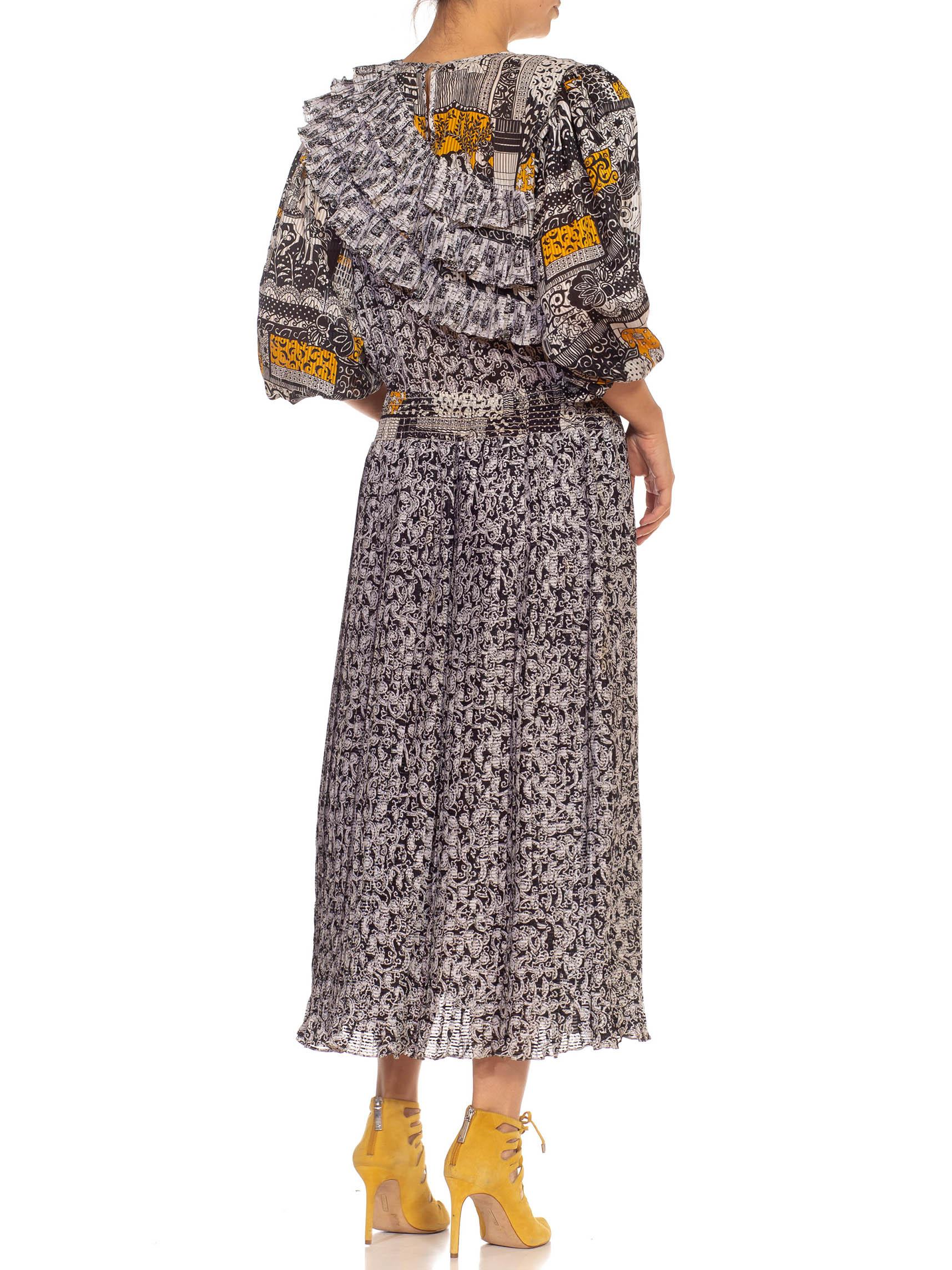 Women's 1970S Diane Freis Black & White Silk Arabian Printed Dress With Ruffles