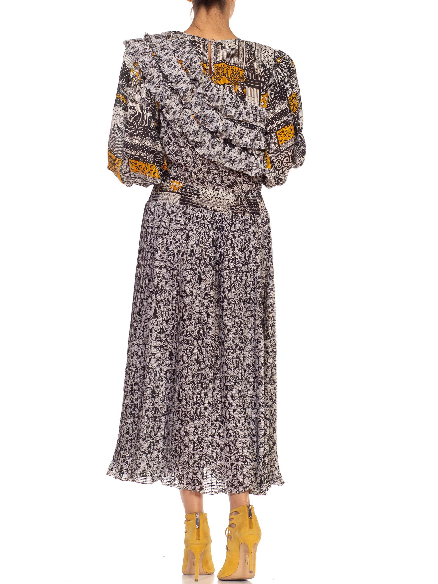 1970S Diane Freis Black & White Silk Arabian Printed Dress With Ruffles 3