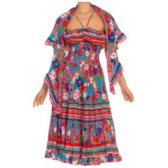 1970S DIANE FREIS - Vestito smocked a righe floreali in cotone rosa e blu, con abbinamento