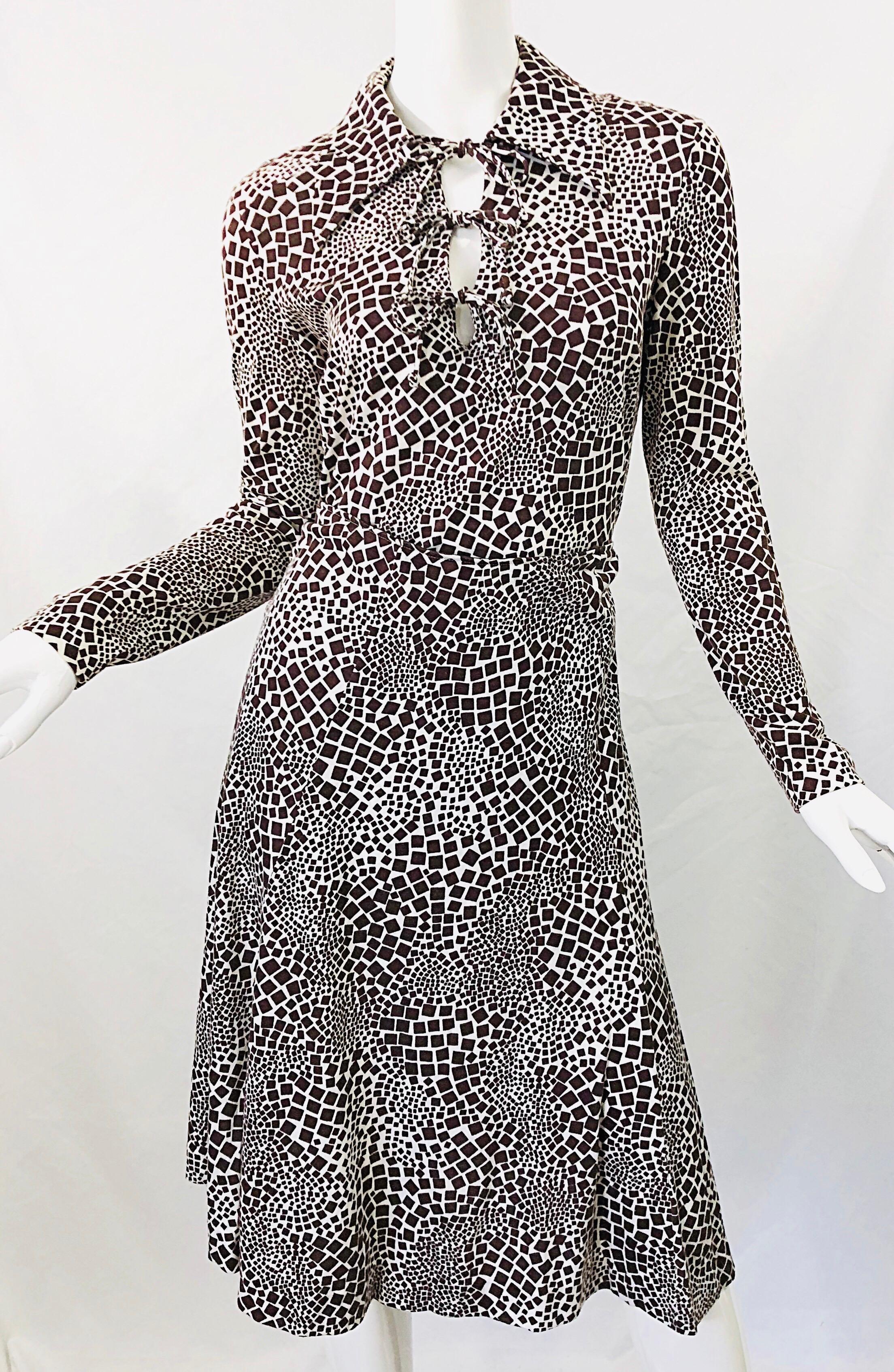 1970s Diane Von Furstenberg Brown and White Rayon Cotton Cut Out Top Skirt Dress 2