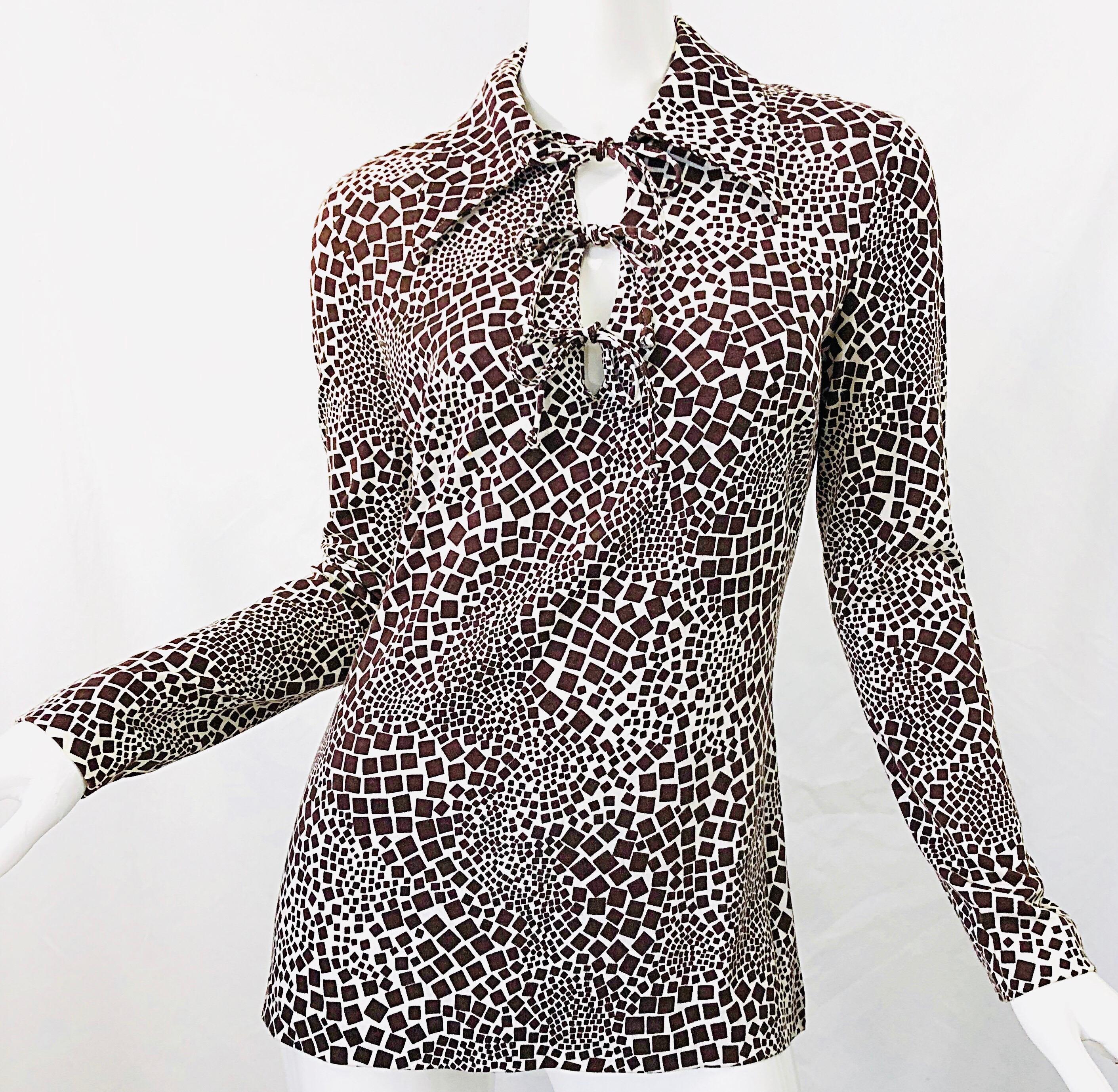 1970s Diane Von Furstenberg Brown and White Rayon Cotton Cut Out Top Skirt Dress 5