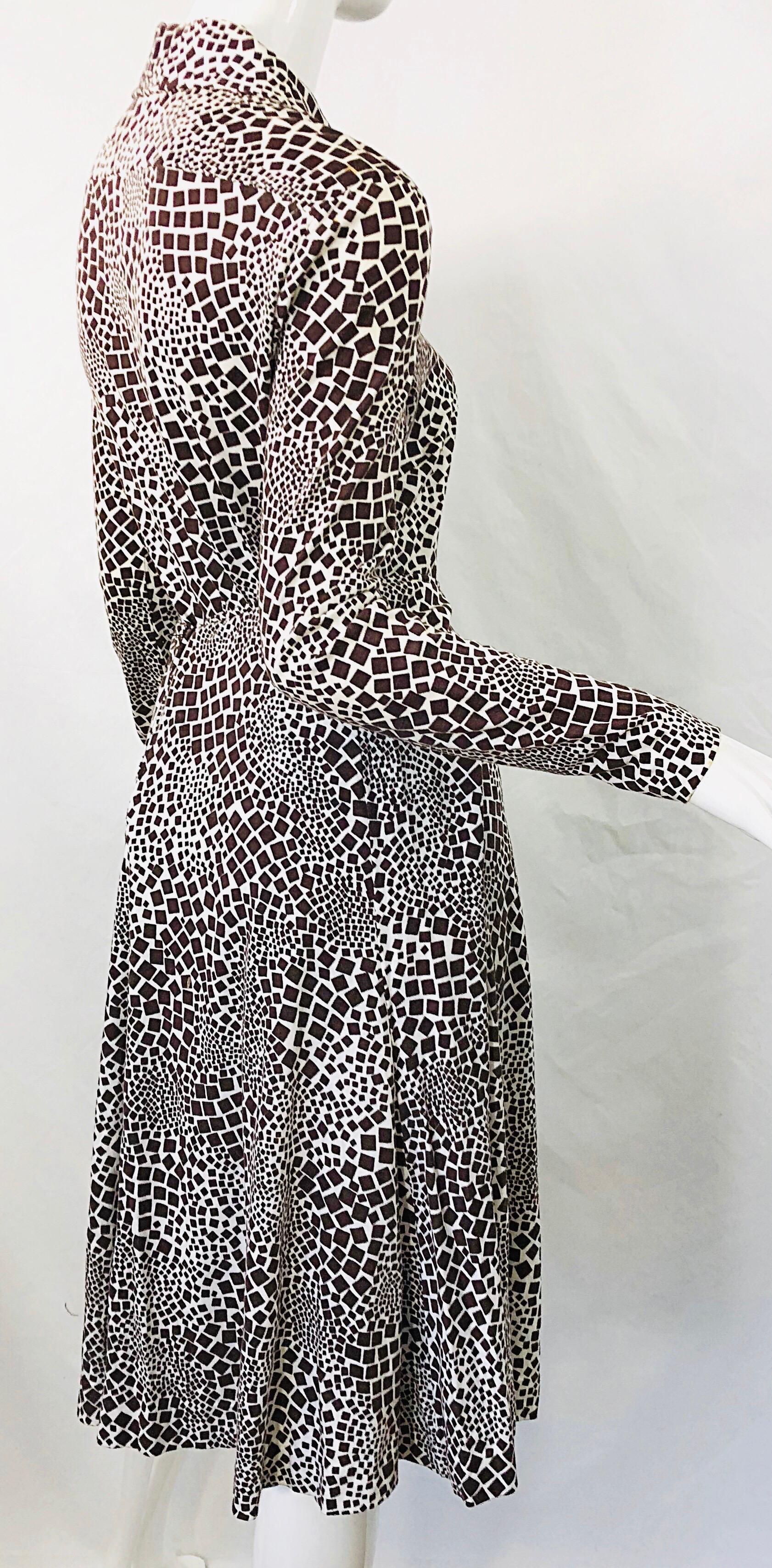 1970s Diane Von Furstenberg Brown and White Rayon Cotton Cut Out Top Skirt Dress 6