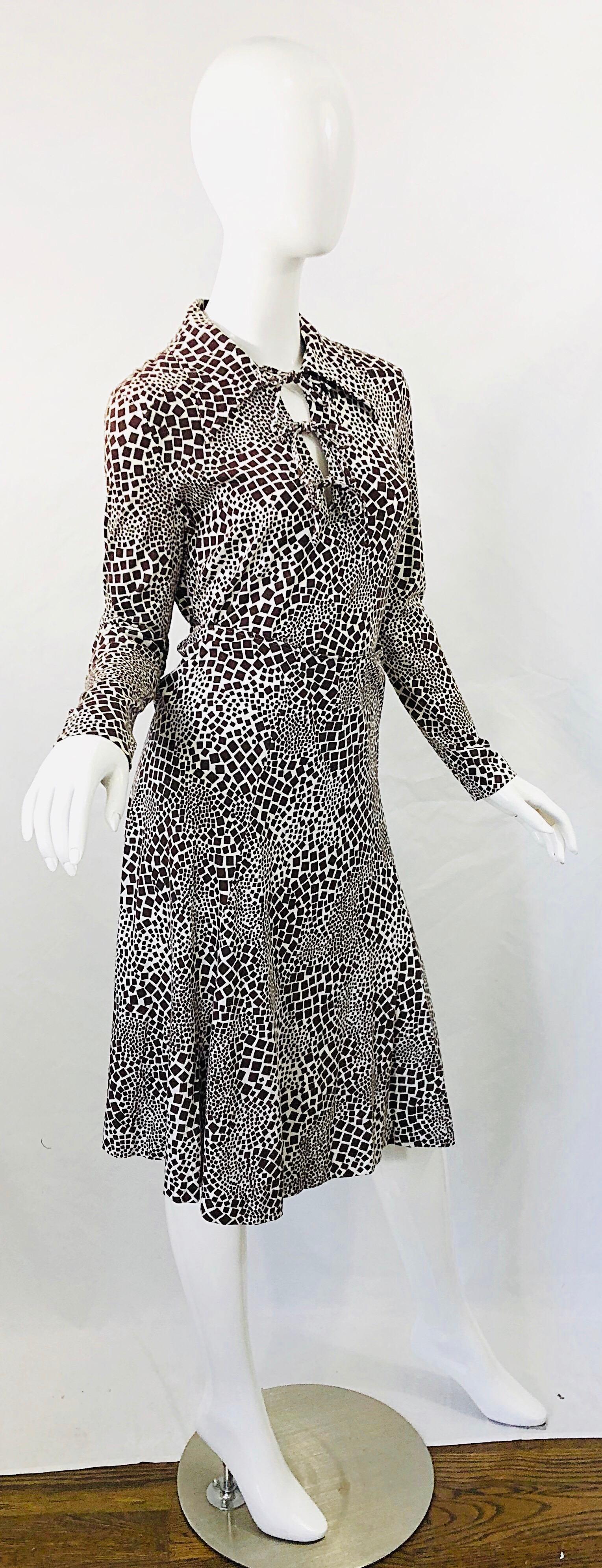 1970s Diane Von Furstenberg Brown and White Rayon Cotton Cut Out Top Skirt Dress 7