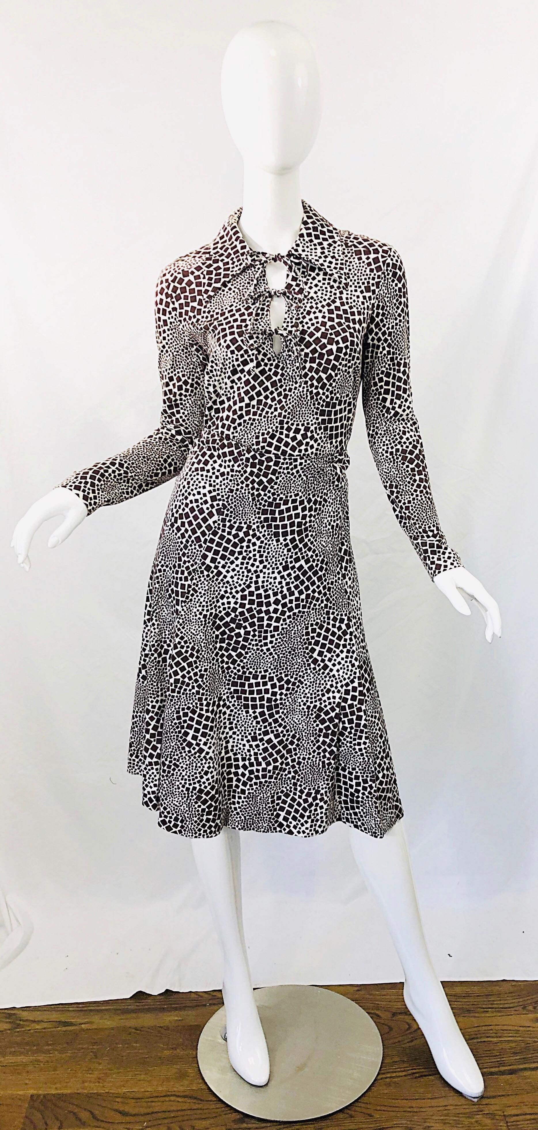 1970s Diane Von Furstenberg Brown and White Rayon Cotton Cut Out Top Skirt Dress 8
