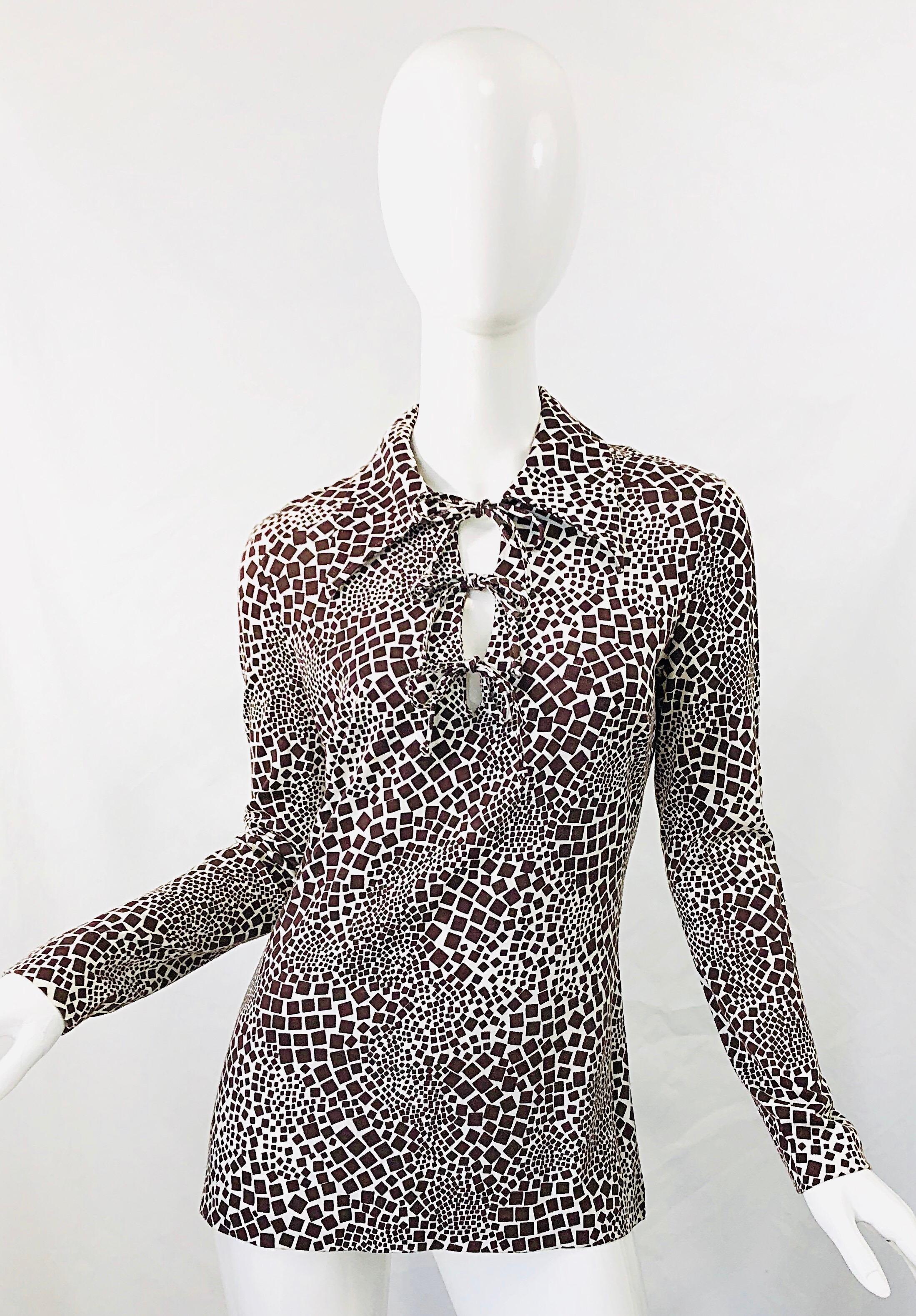 1970s Diane Von Furstenberg Brown and White Rayon Cotton Cut Out Top ...
