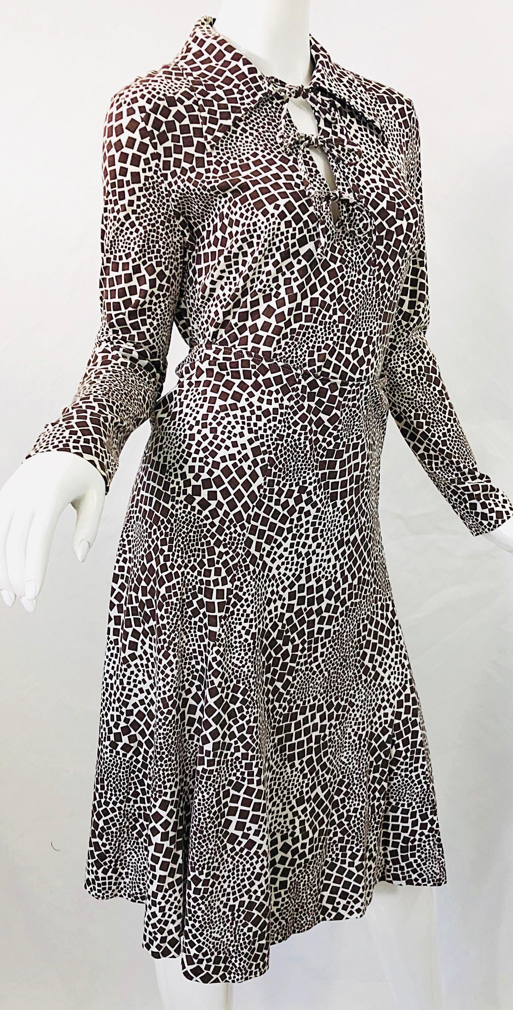 Women's 1970s Diane Von Furstenberg Brown and White Rayon Cotton Cut Out Top Skirt Dress
