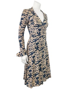 1970s Diane von Furstenberg Navy and Yellow Batik Wrap Dress