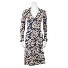 1970s Diane von Furstenberg Navy and Yellow Batik Wrap Dress