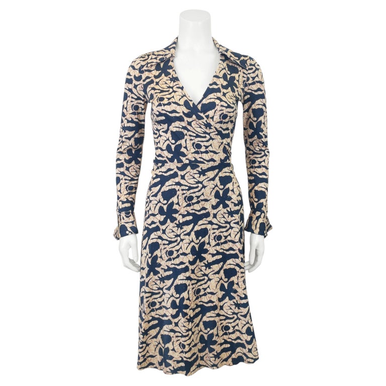1970's Diane von Furstenberg Navy and Yellow Batik Wrap Dress For Sale at  1stDibs