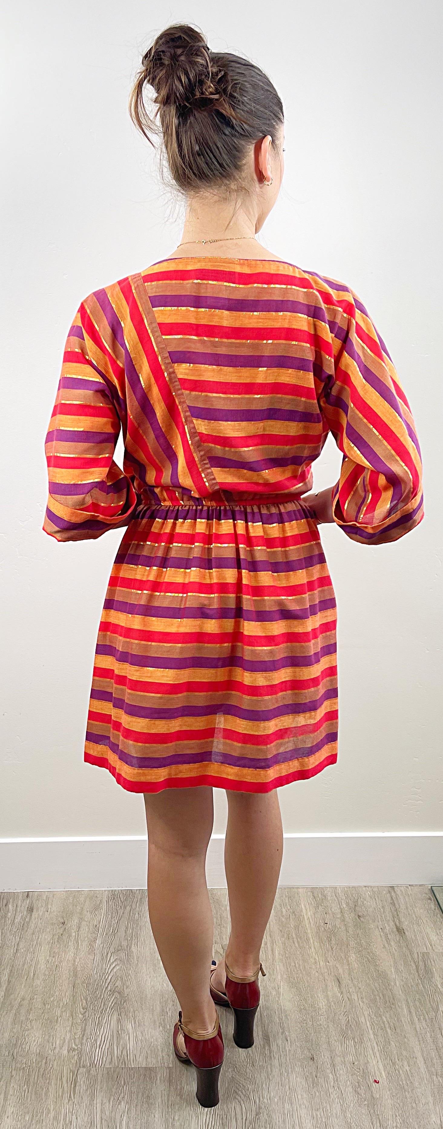 1970s Diane Von Furstenberg Red Purple Gold Orange Striped Vintage 70s Dress For Sale 6