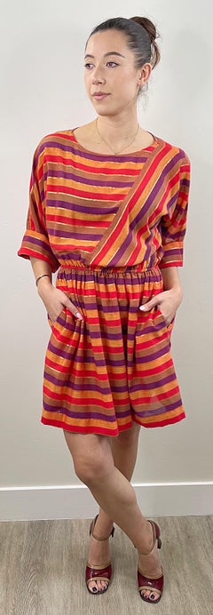 1980s Diane Von Furstenberg Red Purple Gold Orange Striped Vintage 80s Dress
