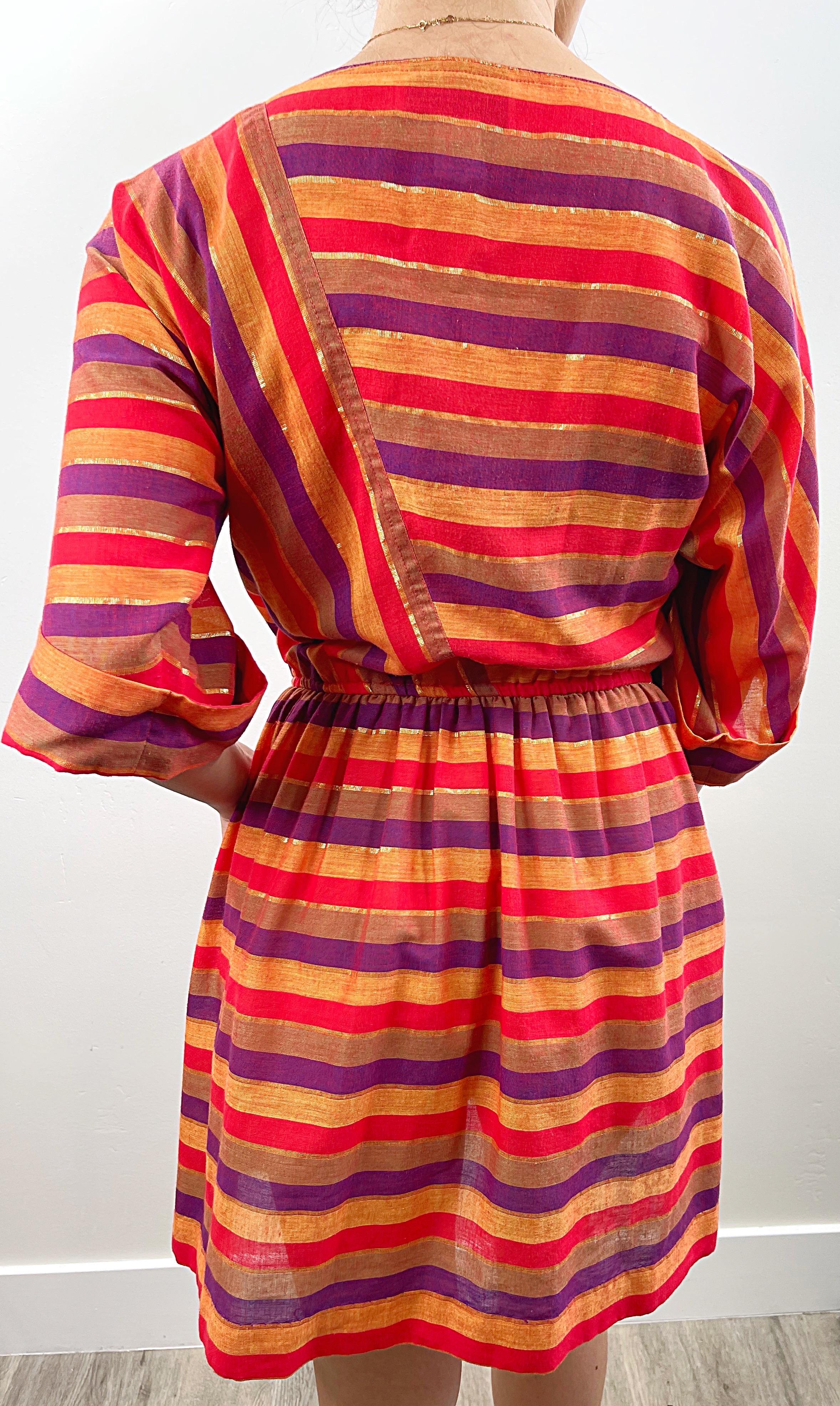 Women's 1970s Diane Von Furstenberg Red Purple Gold Orange Striped Vintage 70s Dress For Sale